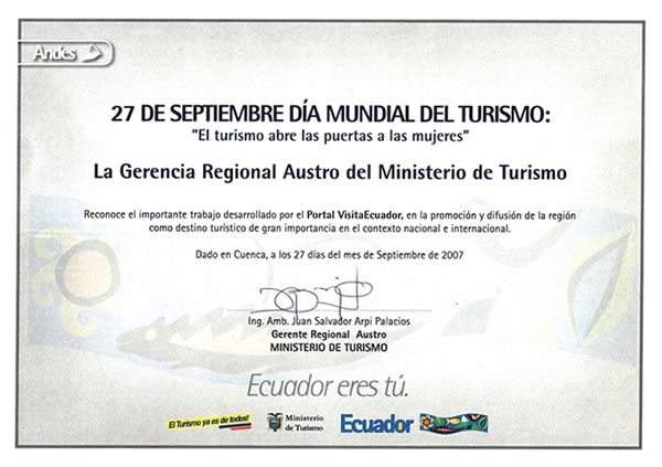 Reconocimiento por fomentar el Turismo en la Región (2007)